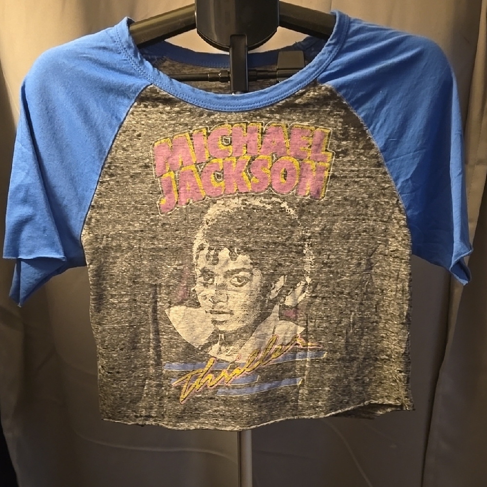 Blue and Gray Michael Jackson Crop Top with Raglan Sleeves